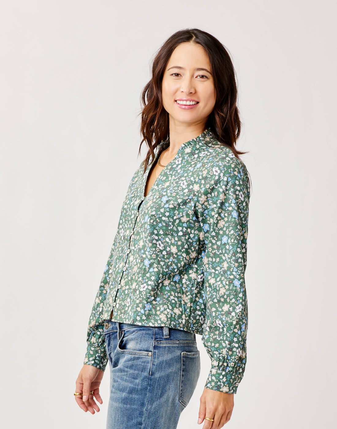 Reagan Twill Long Sleeve: Cilantro Floral