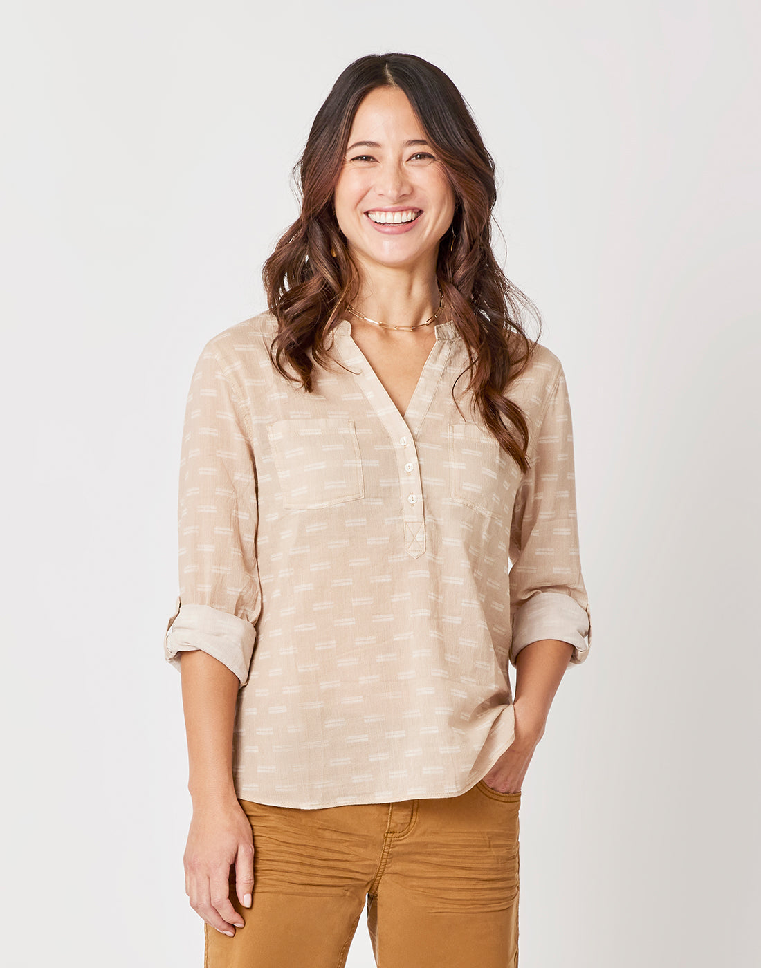 Dylan Gauze Shirt: Lt. Khaki Dashed - FINAL SALE