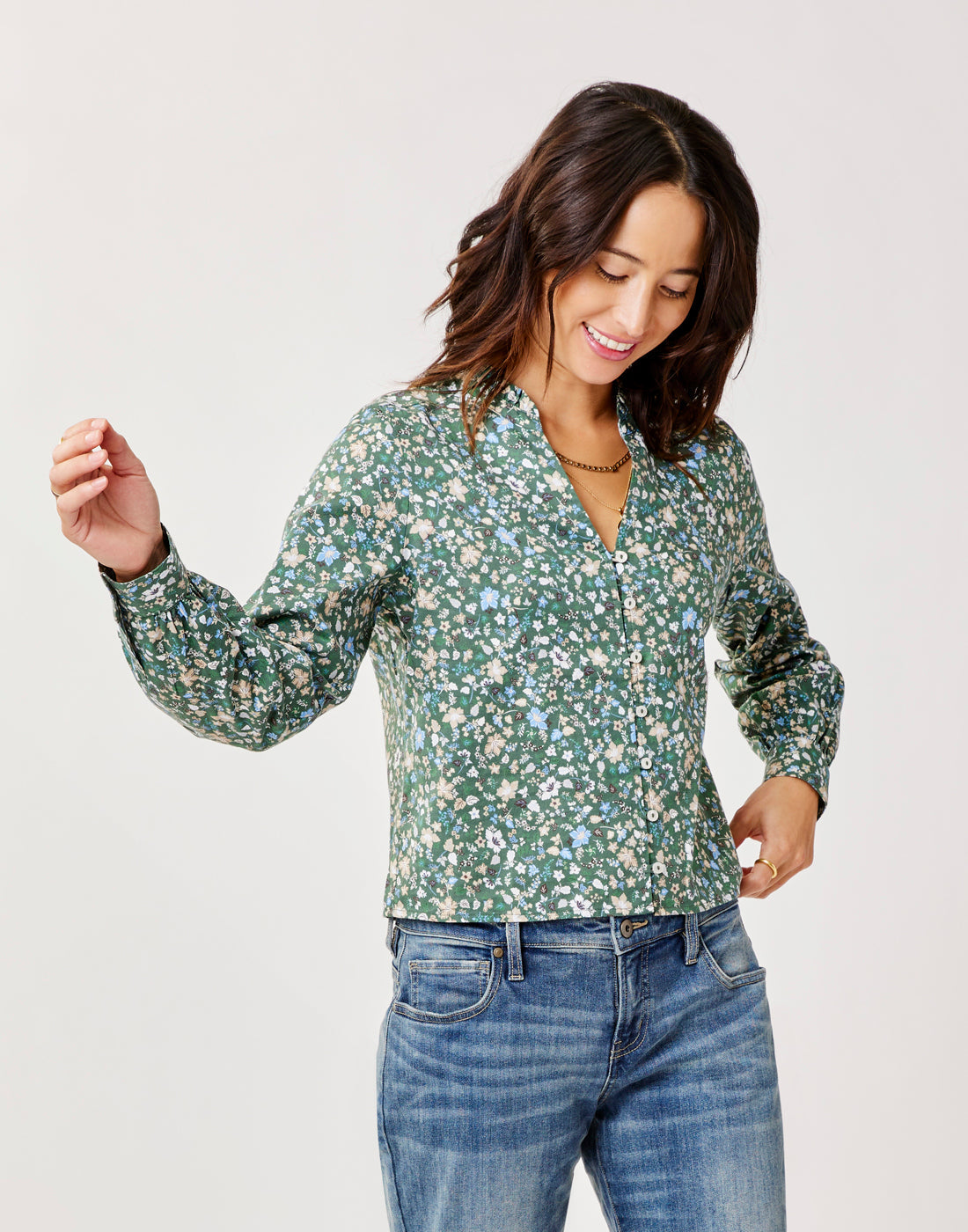 Reagan Twill Long Sleeve: Cilantro Floral