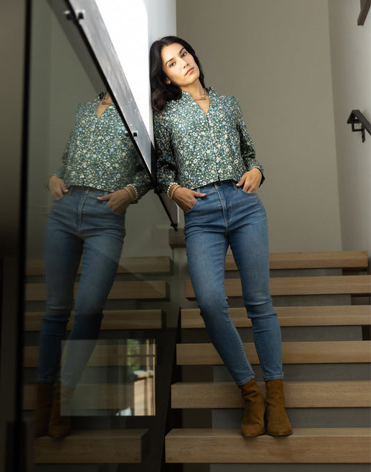Reagan Twill Long Sleeve: Cilantro Floral