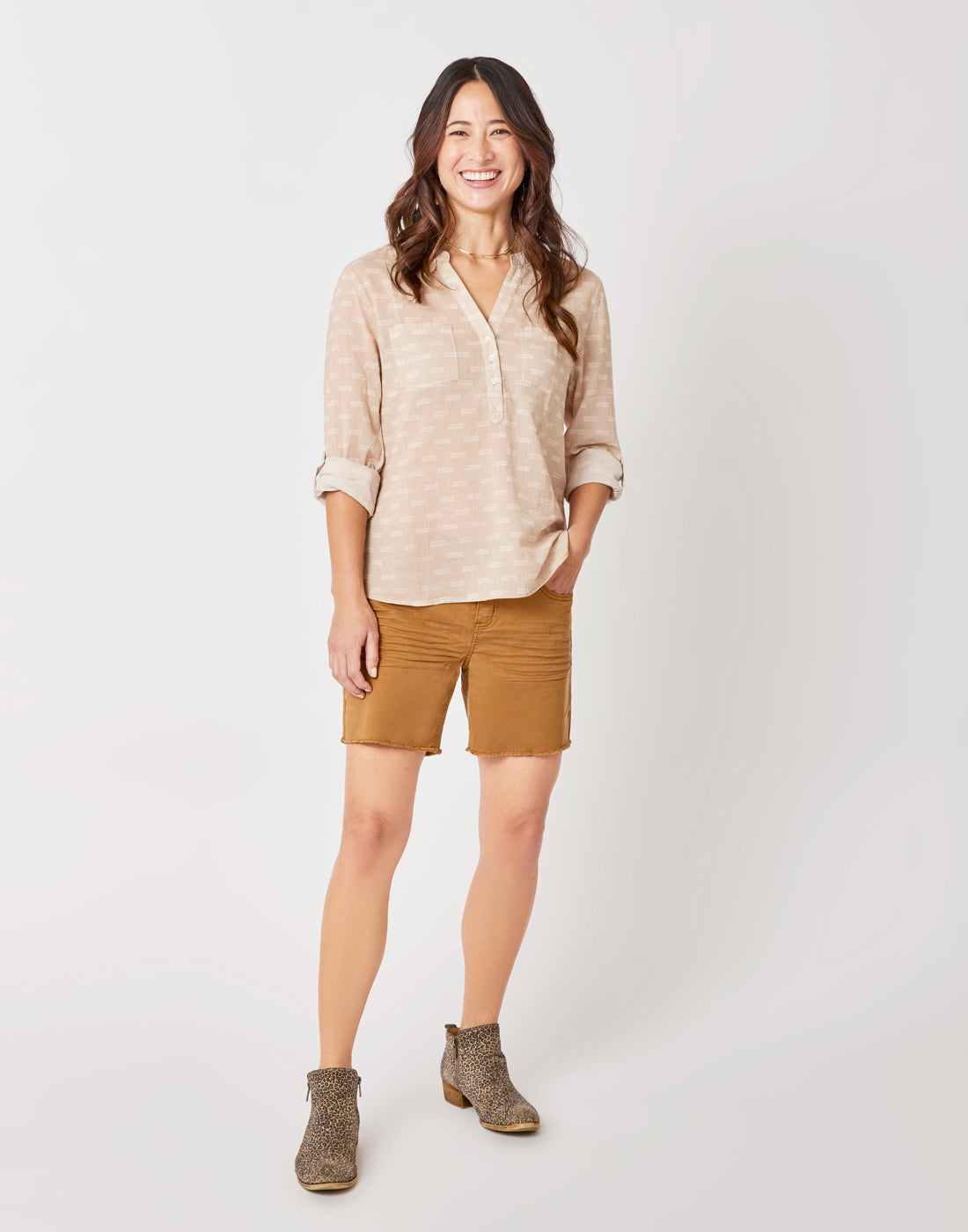 Dylan Gauze Shirt: Lt. Khaki Dashed - FINAL SALE